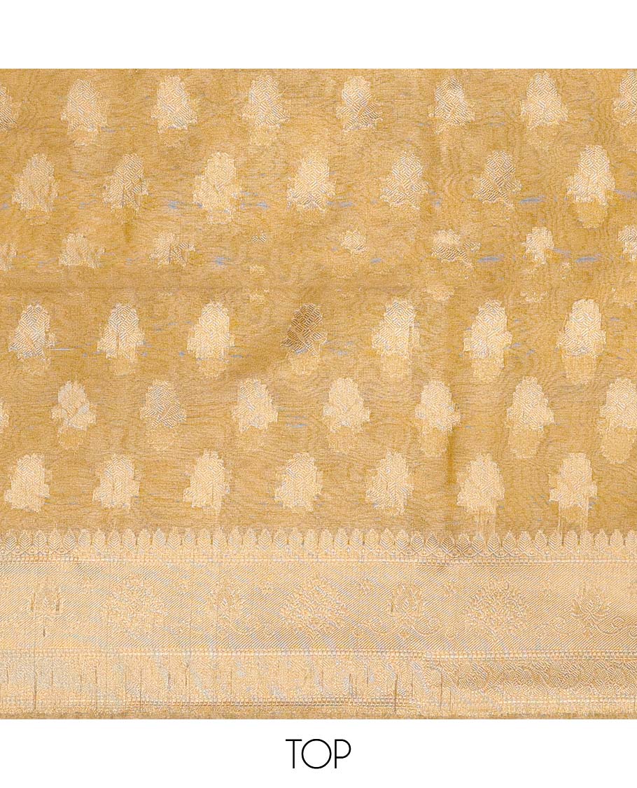 Yellow chudidhar material set, jacquard banaras top, plain bottom & paisley design dupatta