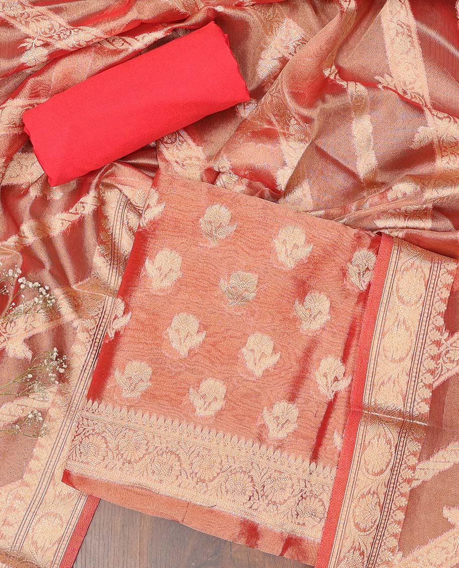 Red chudidhar material set, jacquard banaras top, plain bottom & paisley design dupatta