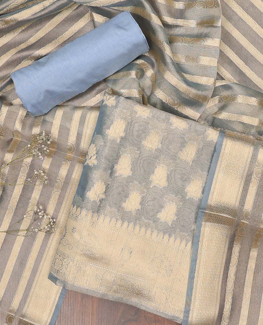 Grey chudidhar material set, jacquard banaras top, plain bottom & paisley design dupatta