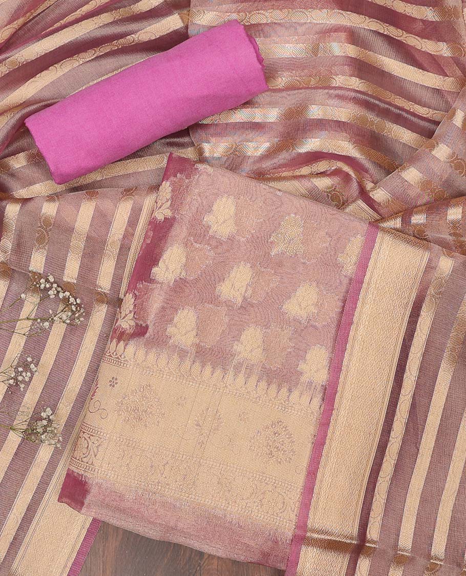 Pink chudidhar material set, jacquard banaras top, plain bottom & paisley design dupatta