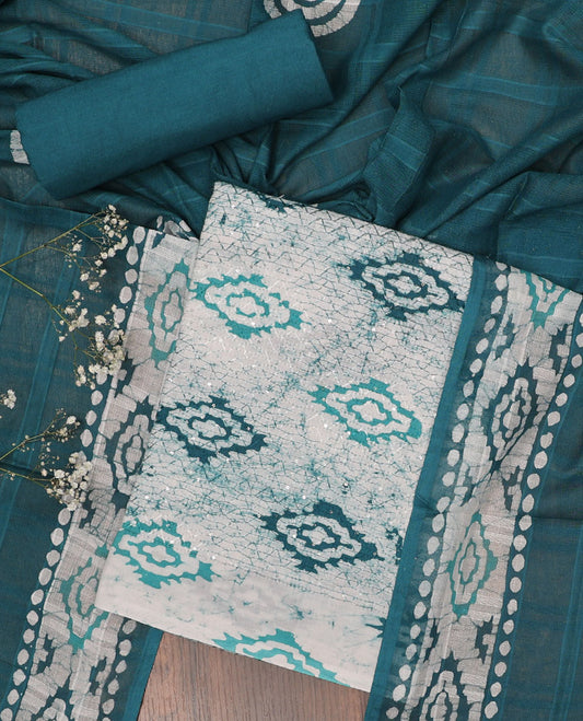 Off-white chudidhar material set, shibori-printed & embroidered top, contrast bottom & batik-printed dupatta