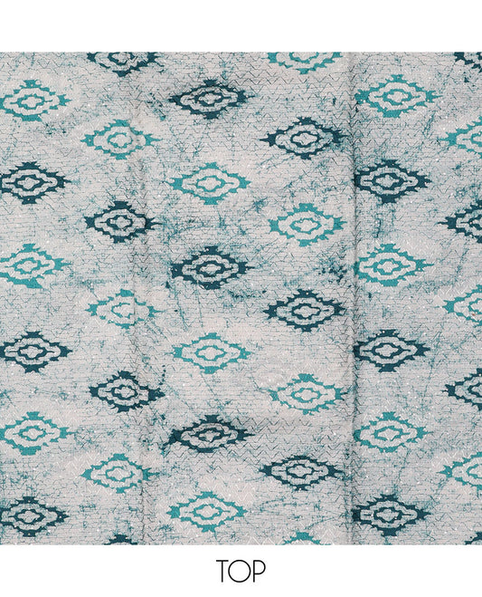 Off-white chudidhar material set, shibori-printed & embroidered top, contrast bottom & batik-printed dupatta