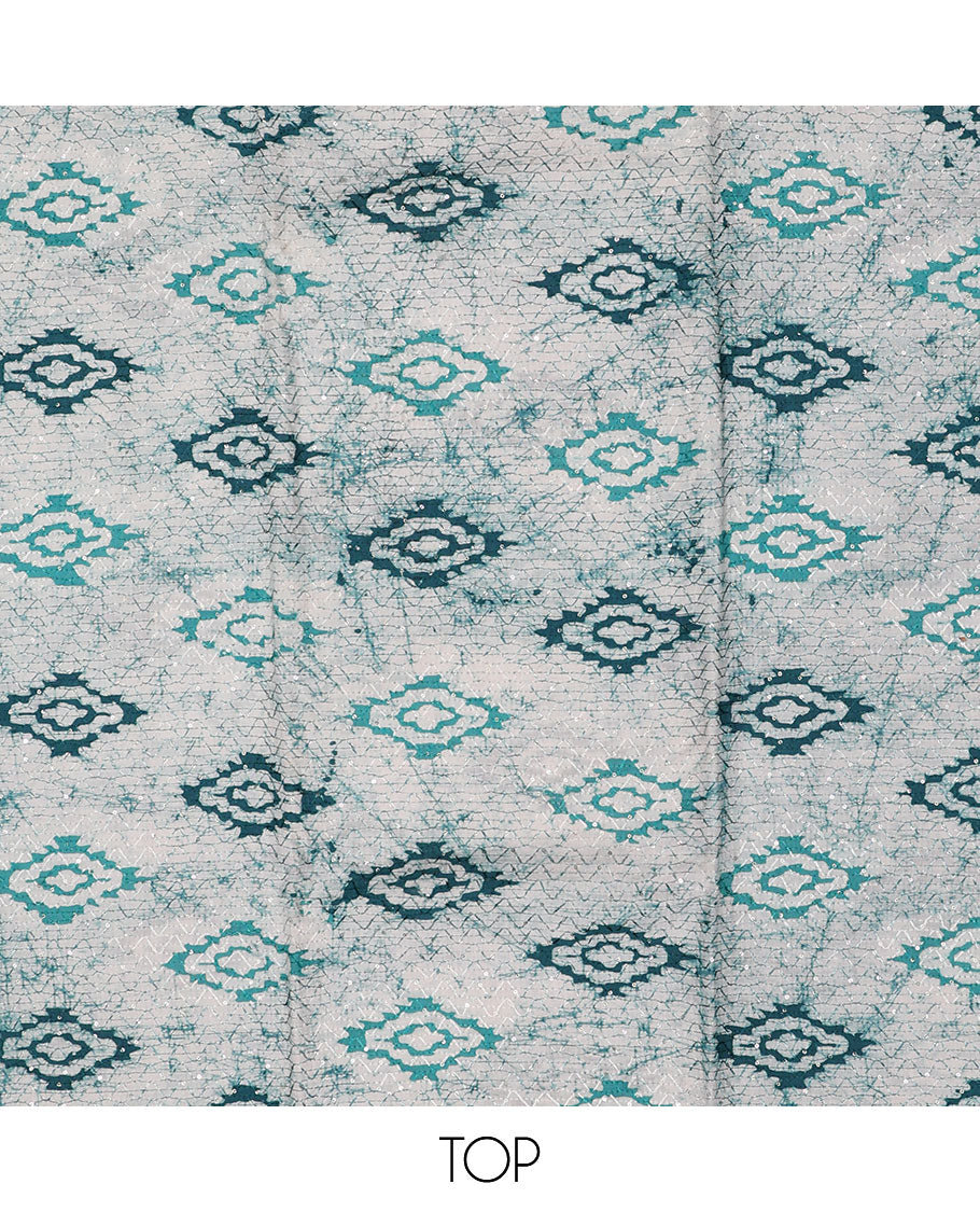 Off-white chudidhar material set, shibori-printed & embroidered top, contrast bottom & batik-printed dupatta
