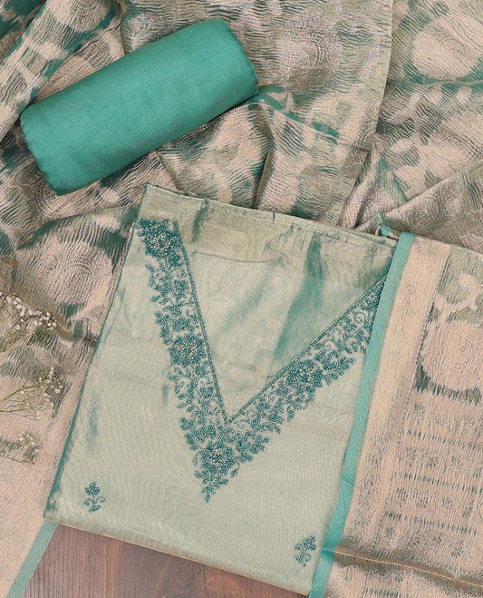 Blue chudidhar material set, embroidered v-neck top, plain bottom & zari design dupatta