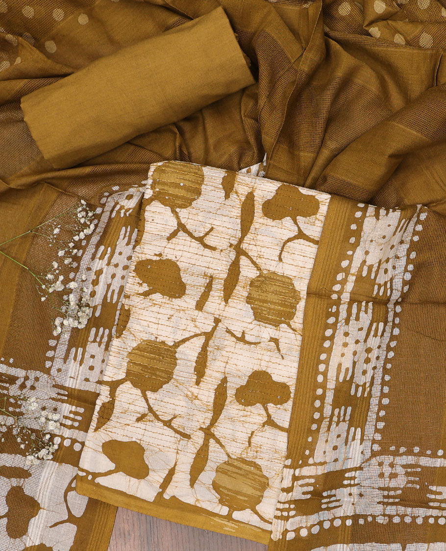 Green chudidhar material set, floral-printed & sequins striped top, plain bottom & batik-printed dupatta
