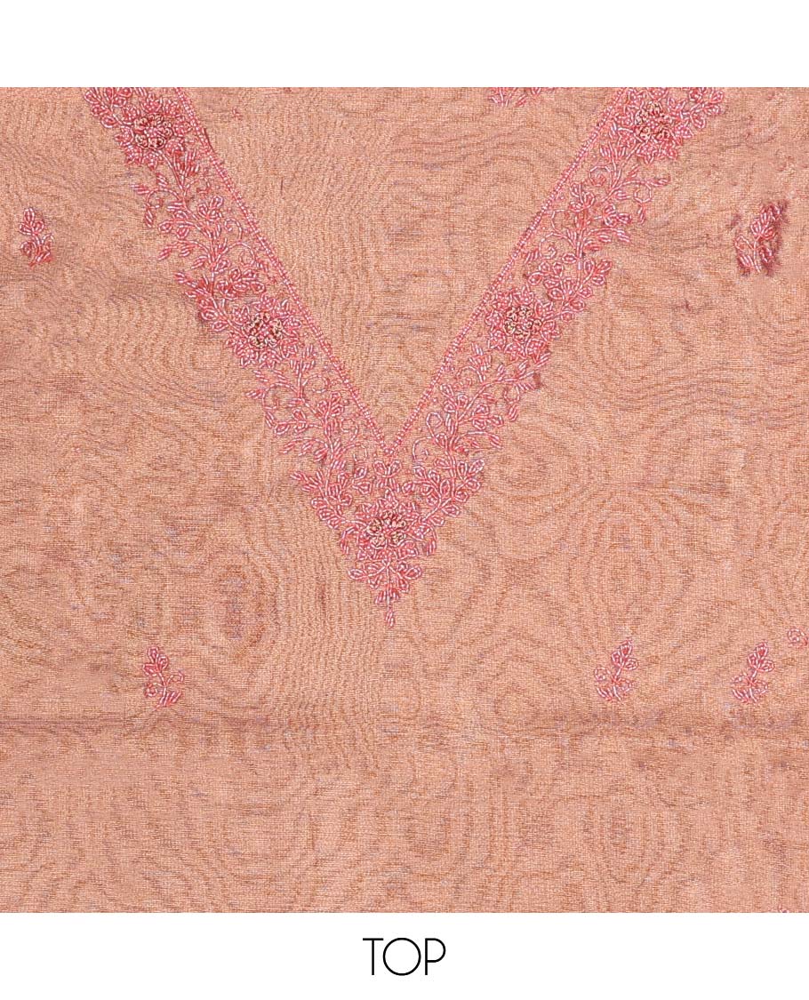 Pink chudidhar material set, embroidered v-neck top, plain bottom & zari design dupatta