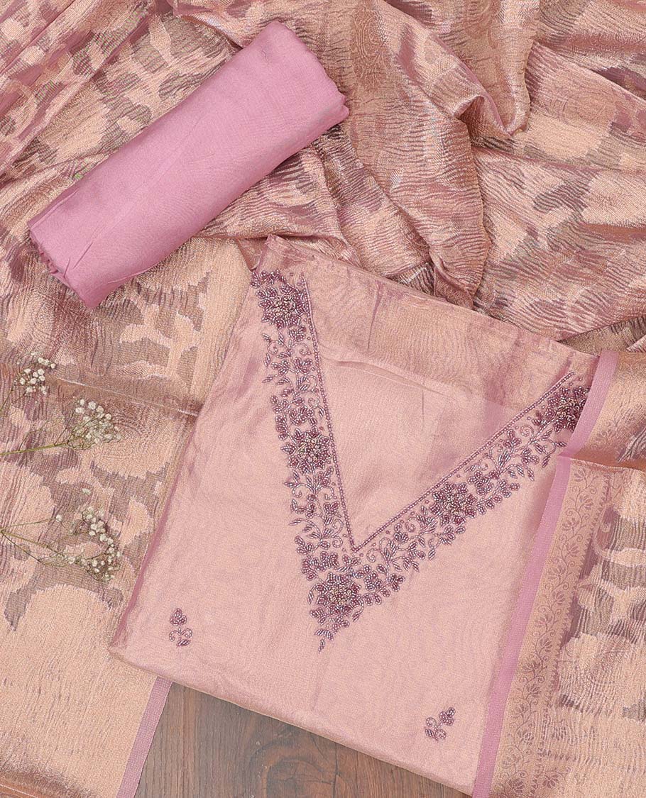 Pink chudidhar material set, embroidered v-neck top, plain bottom & zari design dupatta