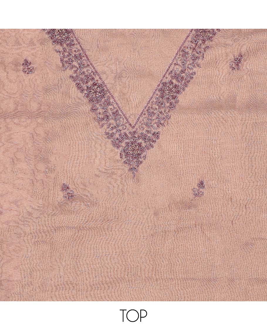 Pink chudidhar material set, embroidered v-neck top, plain bottom & zari design dupatta