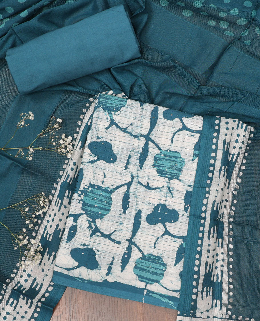 Blue chudidhar material set, floral-printed & sequins striped top, plain bottom & batik-printed dupatta