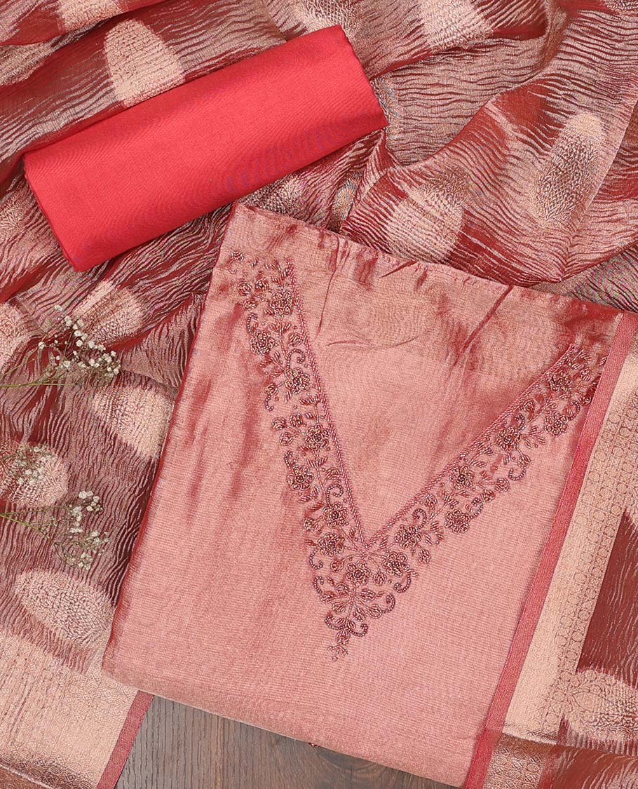Pink chudidhar material set, embroidered v-neck top, plain bottom & zari design dupatta