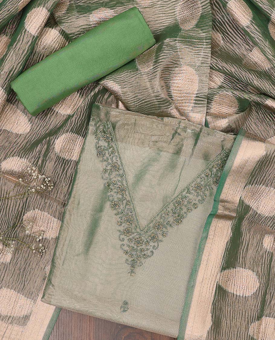 Green chudidhar material set, embroidered v-neck top, plain bottom & zari design dupatta