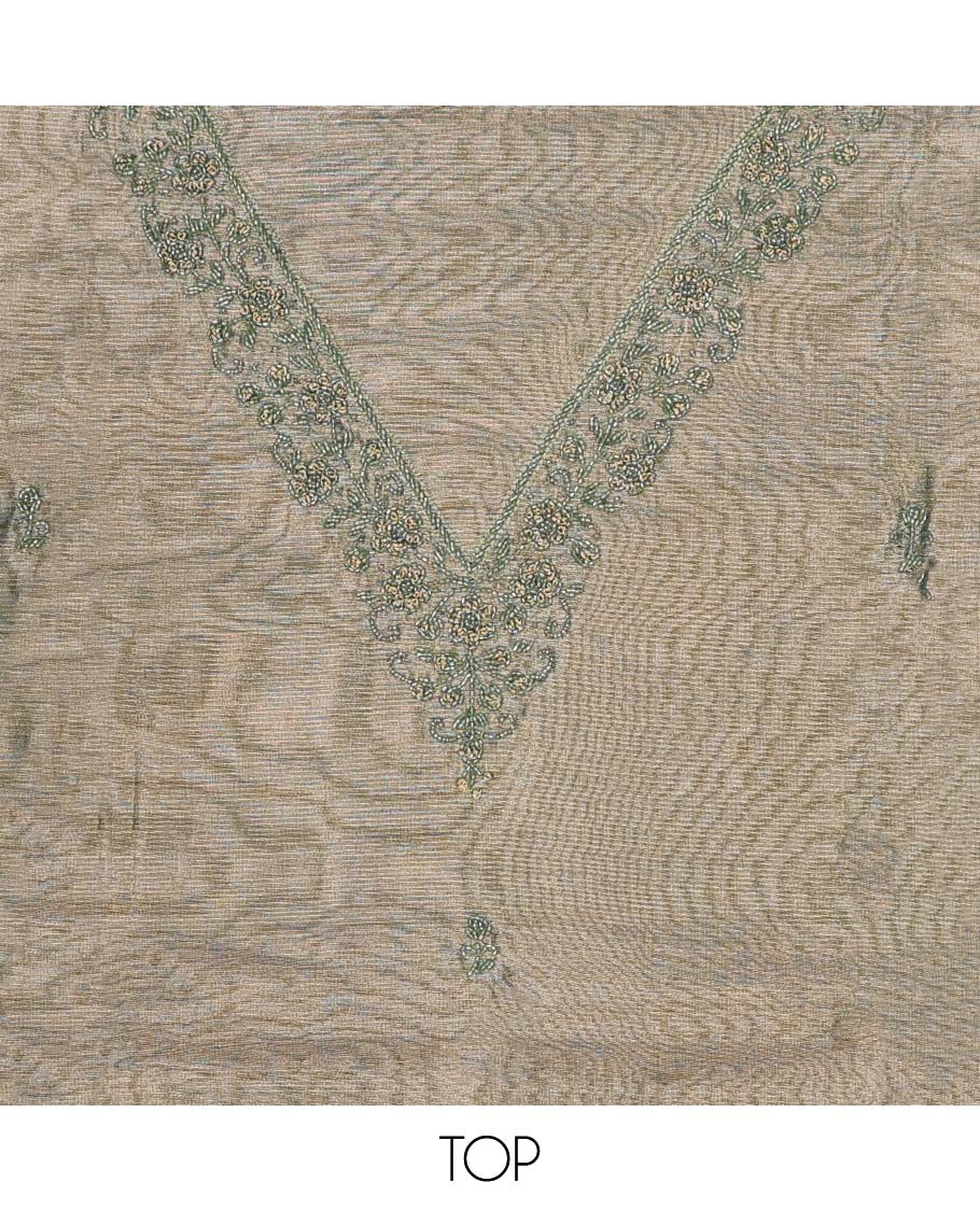 Green chudidhar material set, embroidered v-neck top, plain bottom & zari design dupatta