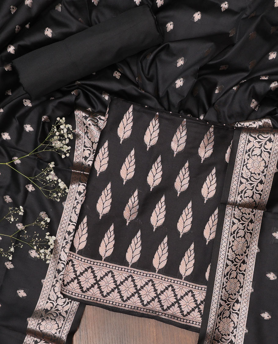 Black chudidhar material set, zari buttas banaras top, plain bottom & zari buttas dupatta
