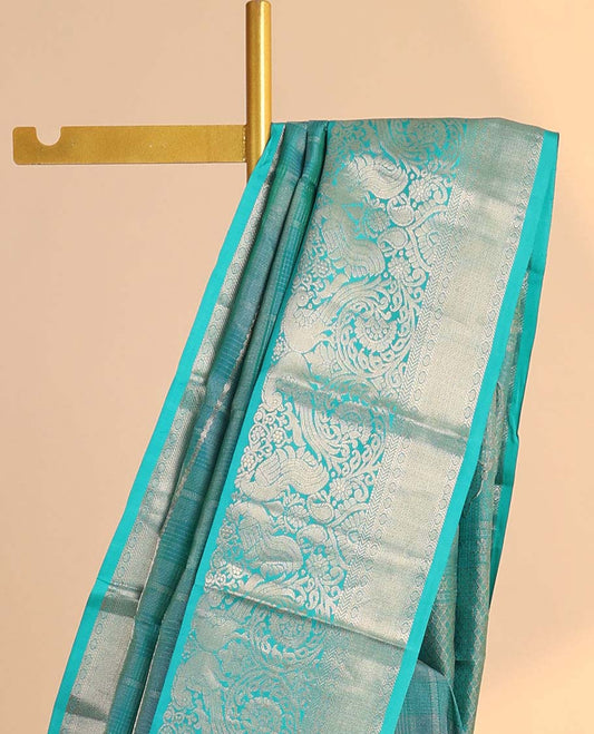 Blue zari-design silksaree, intricate jaal pallu & border of mayil,kamalam,kathir,paisa & mayil kann