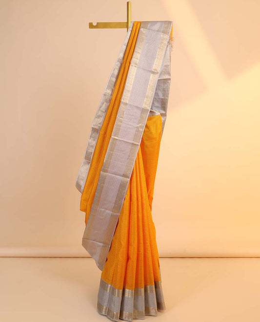 Orange striped silksaree, contrast intricate pallu & zari border of traditional designs