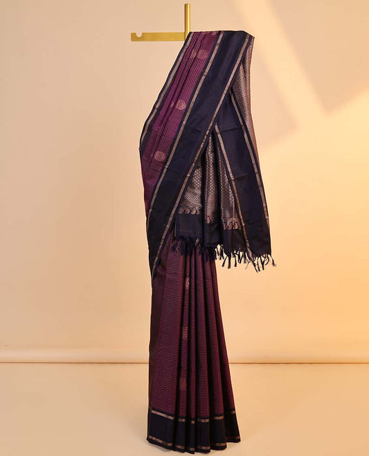 Purple zari checked silksaree with chakram buttas, contrast jaal pallu & rettai pettu striped border