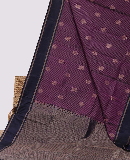 Purple zari checked silksaree with chakram buttas, contrast jaal pallu & rettai pettu striped border