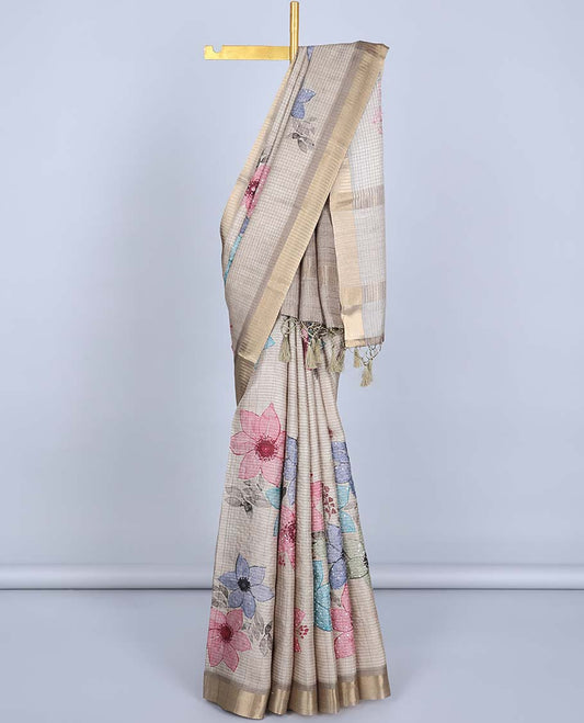 Beige checked, colorful floral motifs printed & embroidered semi-banaras tissue saree, self-border & striped pallu