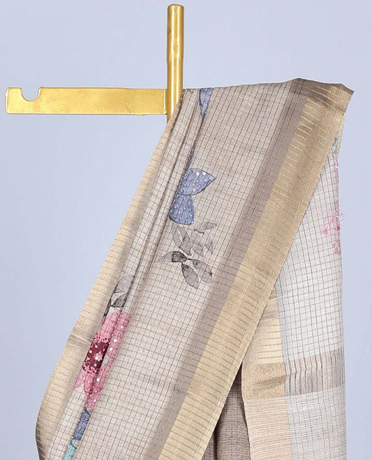 Beige checked, colorful floral motifs printed & embroidered semi-banaras tissue saree, self-border & striped pallu