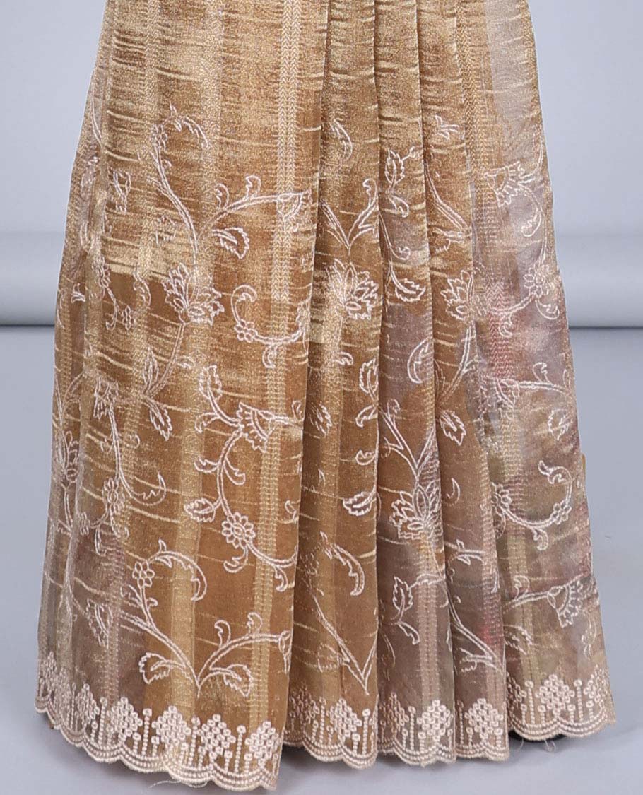 Gold floral vine embroidered semi-banaras tissue saree, scallop embroidered border & embroidered pallu