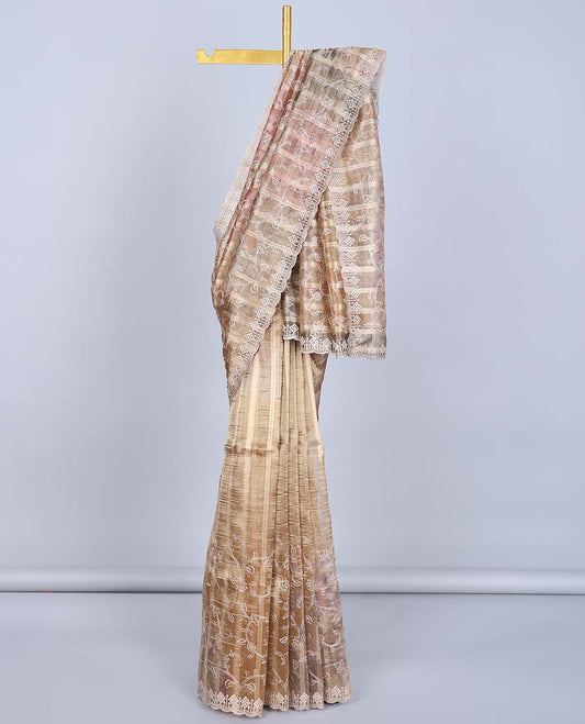 Gold floral vine embroidered semi-banaras tissue saree, scallop embroidered border & embroidered pallu