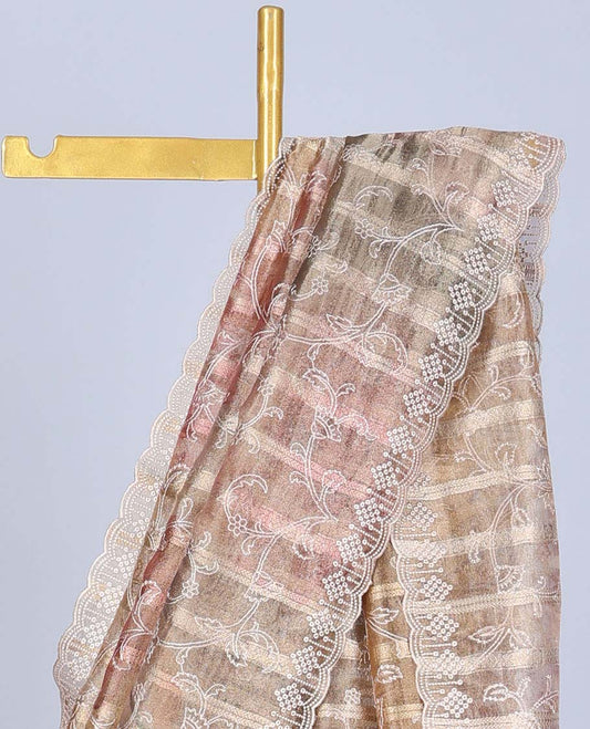 Gold floral vine embroidered semi-banaras tissue saree, scallop embroidered border & embroidered pallu