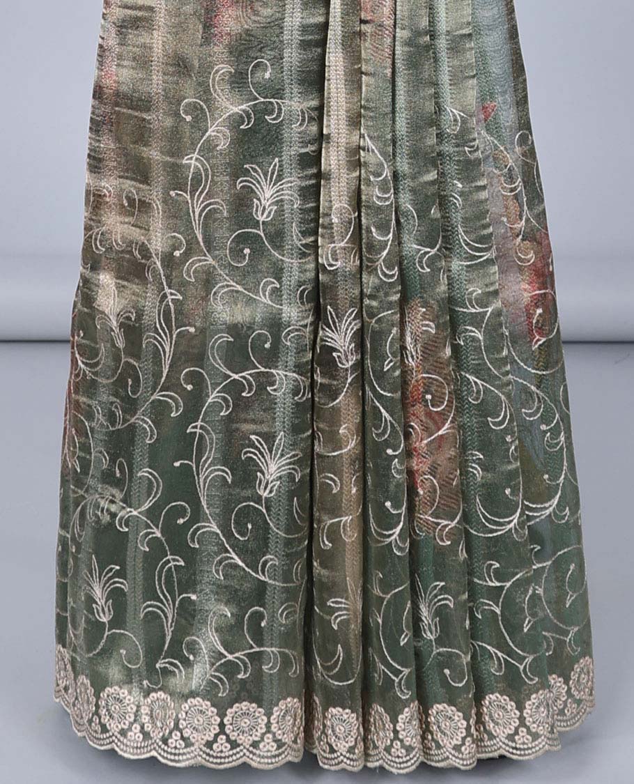 Green floral vine embroidered semi-banaras tissue saree, scallop embroidered border & embroidered pallu