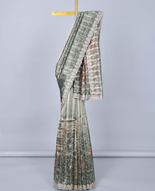 Green floral vine embroidered semi-banaras tissue saree, scallop embroidered border & embroidered pallu