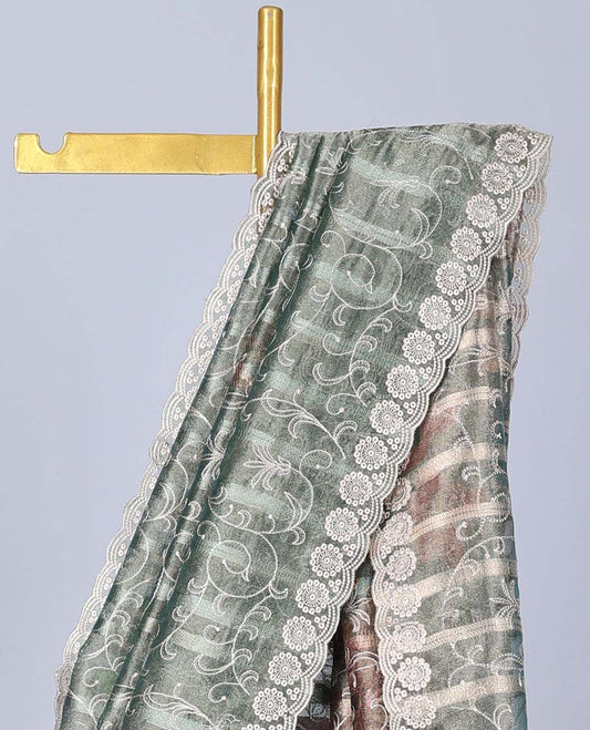 Green floral vine embroidered semi-banaras tissue saree, scallop embroidered border & embroidered pallu