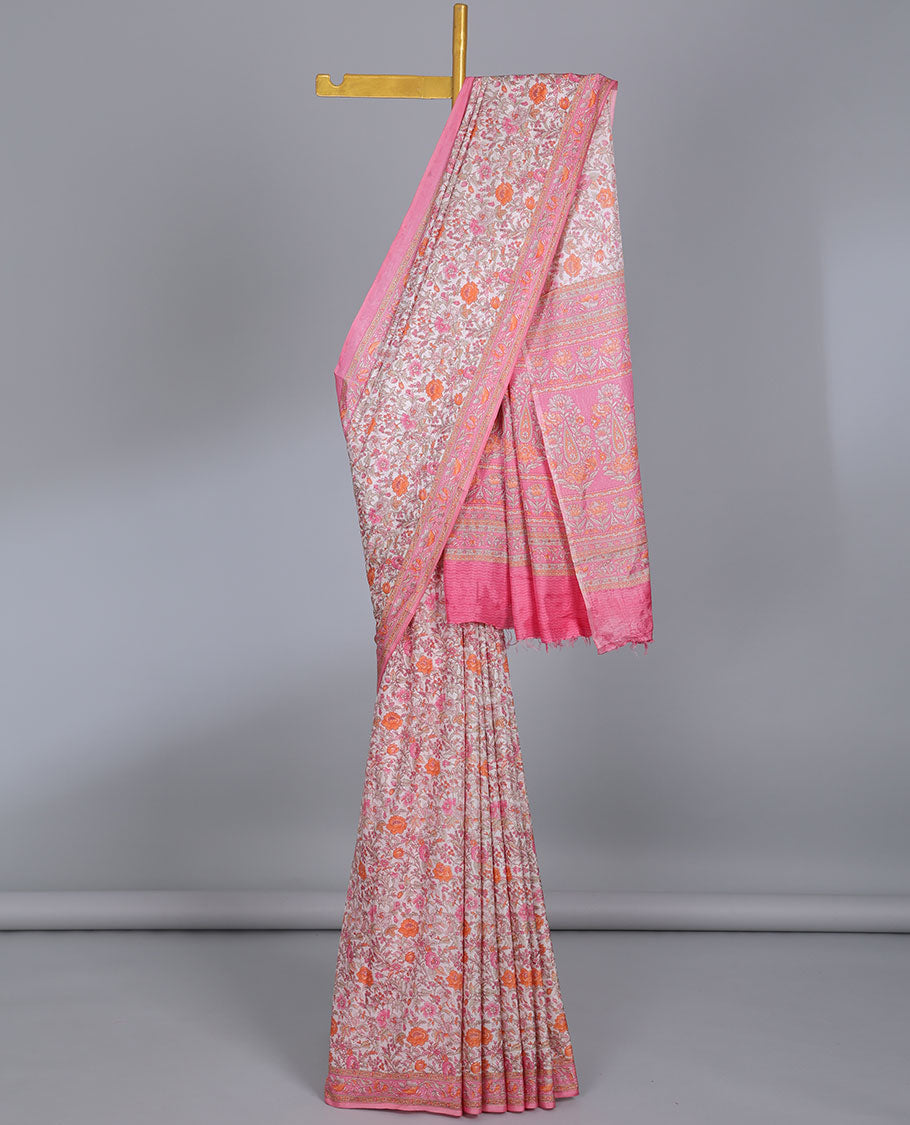 Pink floral printed semi-banaras printed saree, contrast floral printed border & intricate floral pallu