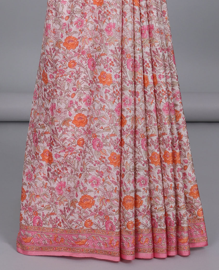 Pink floral printed semi-banaras printed saree, contrast floral printed border & intricate floral pallu