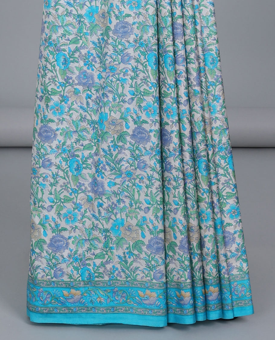 Off-white floral printed semi-banaras printed saree, contrast floral printed border & intricate floral pallu