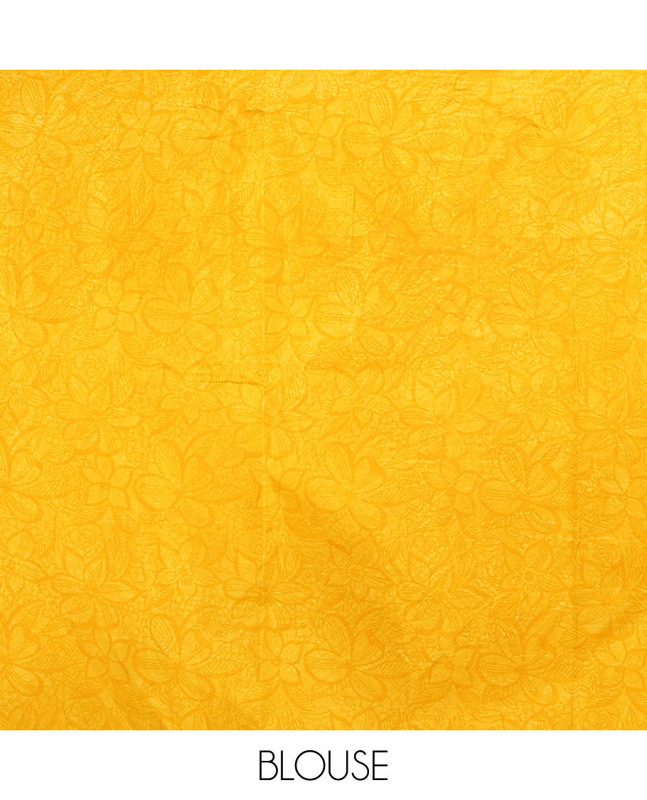 Yellow tropical floral printed semi-banaras printed saree, floral printed border & intricately printed pallu