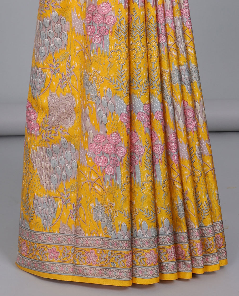 Yellow tropical floral printed semi-banaras printed saree, floral printed border & intricately printed pallu