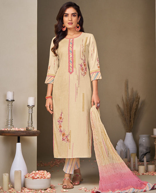 Sandal readymade suit, embroidered 3/4th sleeve round-neck top, printed straight-cut pants & crushed  dupatta