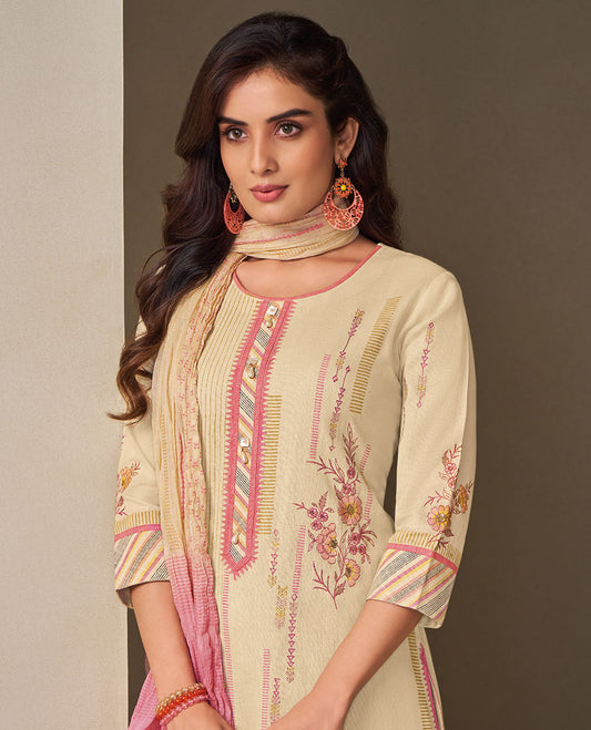 Sandal readymade suit, embroidered 3/4th sleeve round-neck top, printed straight-cut pants & crushed  dupatta