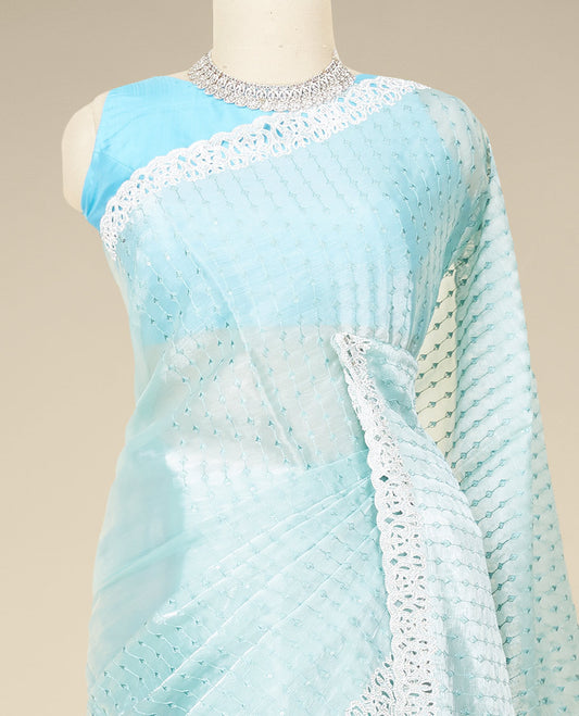 Blue Jimmy Choo designer saree with sequins embroidery, scallop cut embroidered border & sequins embroidered pallu