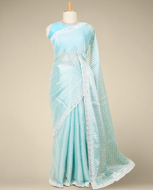 Blue Jimmy Choo designer saree with sequins embroidery, scallop cut embroidered border & sequins embroidered pallu