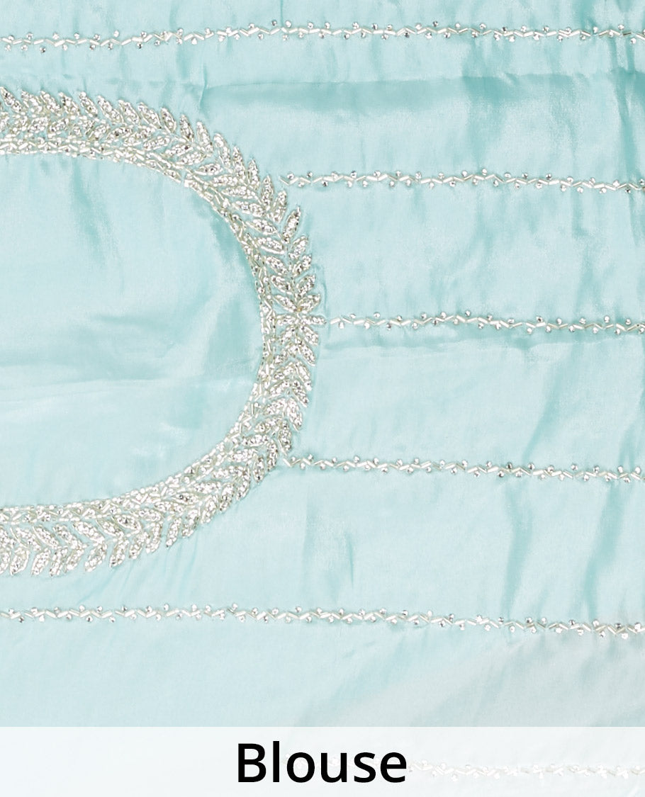 Blue stripes stone embroidered Jimmy Choo designer saree, scallop stone embroidered border