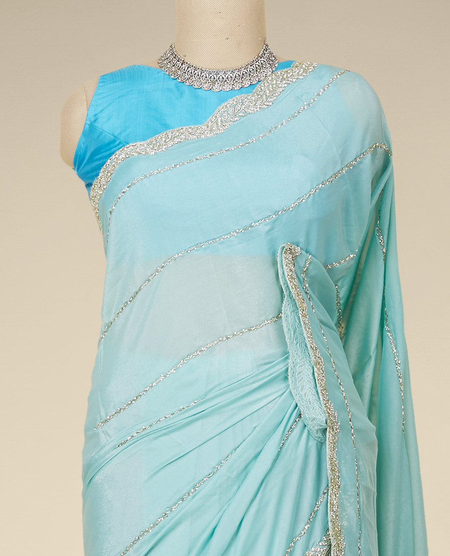 Blue stripes stone embroidered Jimmy Choo designer saree, scallop stone embroidered border