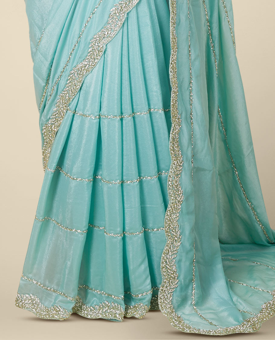 Blue stripes stone embroidered Jimmy Choo designer saree, scallop stone embroidered border
