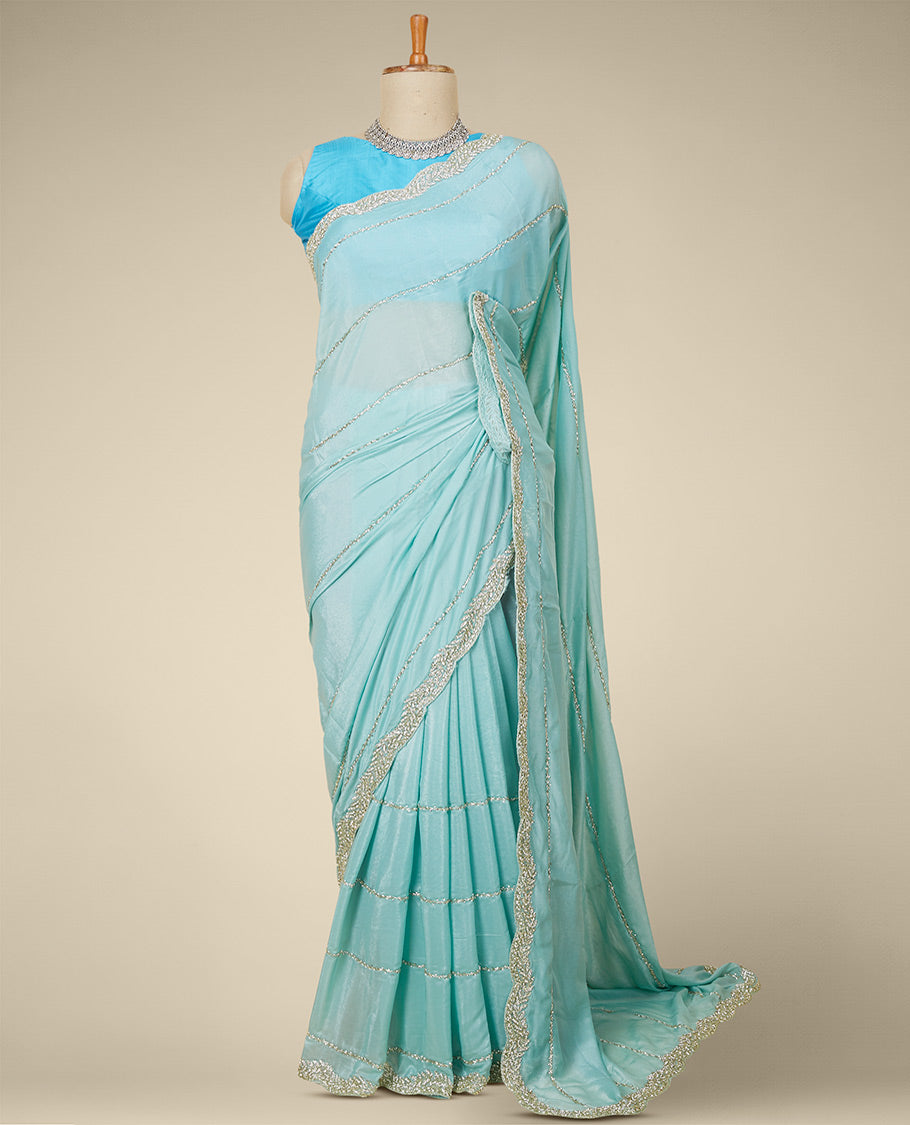 Blue stripes stone embroidered Jimmy Choo designer saree, scallop stone embroidered border