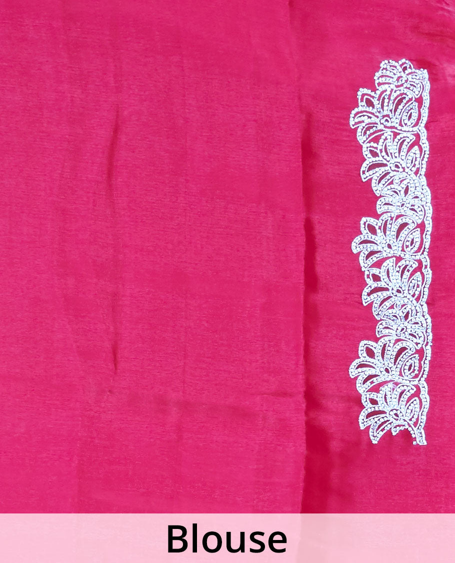 Pink stone embroidered motifs jimmy choo designer saree, scallop floral design stone embroidered border