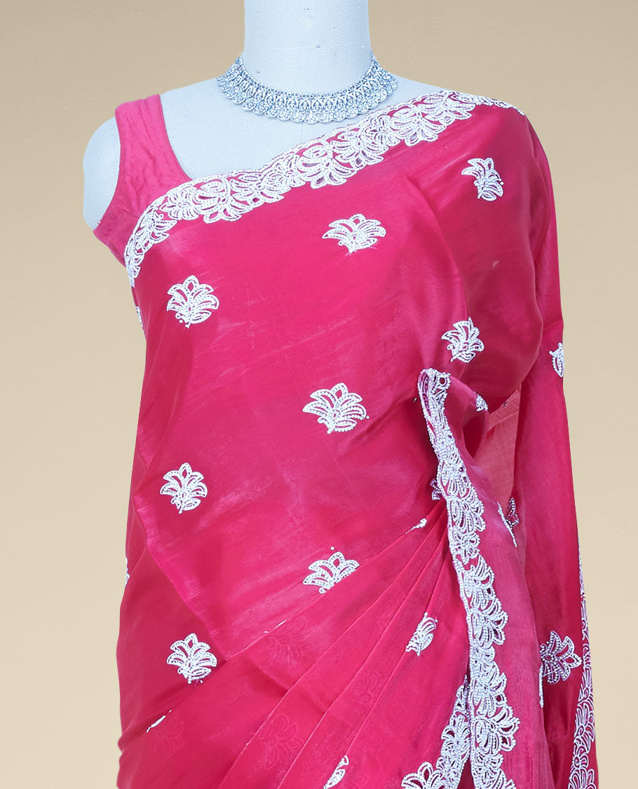 Pink stone embroidered motifs jimmy choo designer saree, scallop floral design stone embroidered border