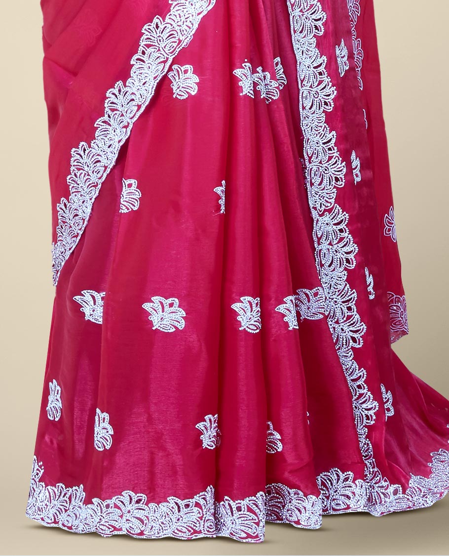 Pink stone embroidered motifs jimmy choo designer saree, scallop floral design stone embroidered border