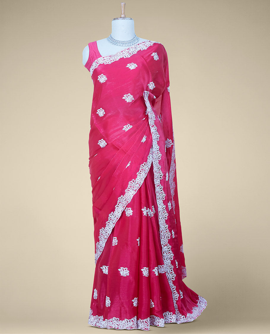 Pink stone embroidered motifs jimmy choo designer saree, scallop floral design stone embroidered border
