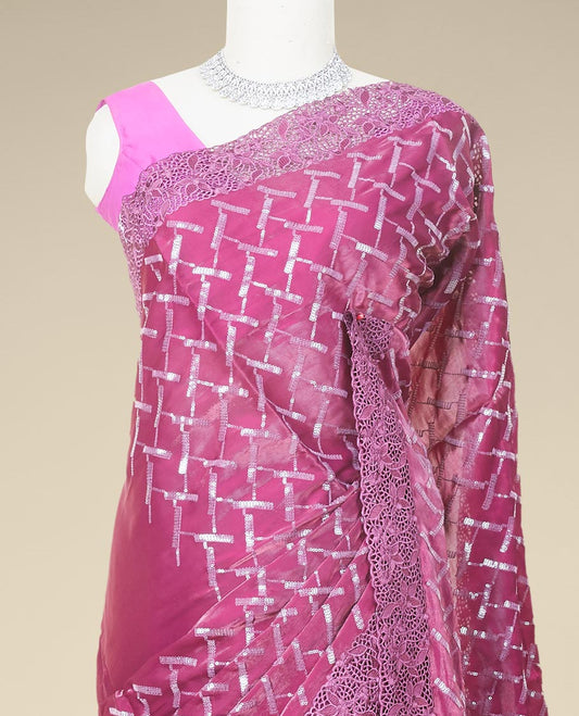 Purple geometric design sequins embroidered jimmy choo designer saree, scallop cut embroidered border