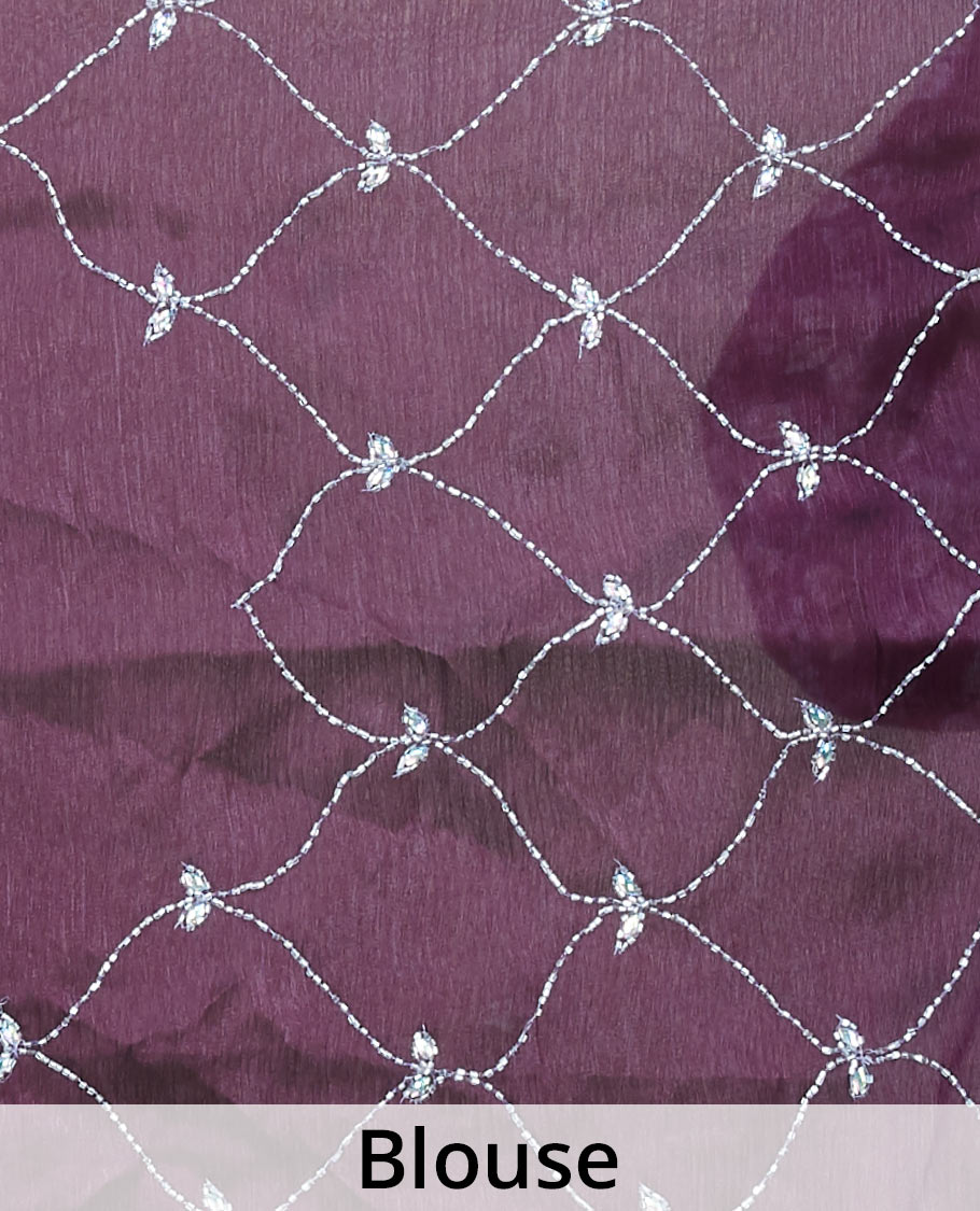 Purple ogee pattern embroidered Jimmy Choo designer saree, scallop stone embroidered border