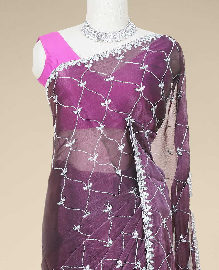 Purple ogee pattern embroidered Jimmy Choo designer saree, scallop stone embroidered border