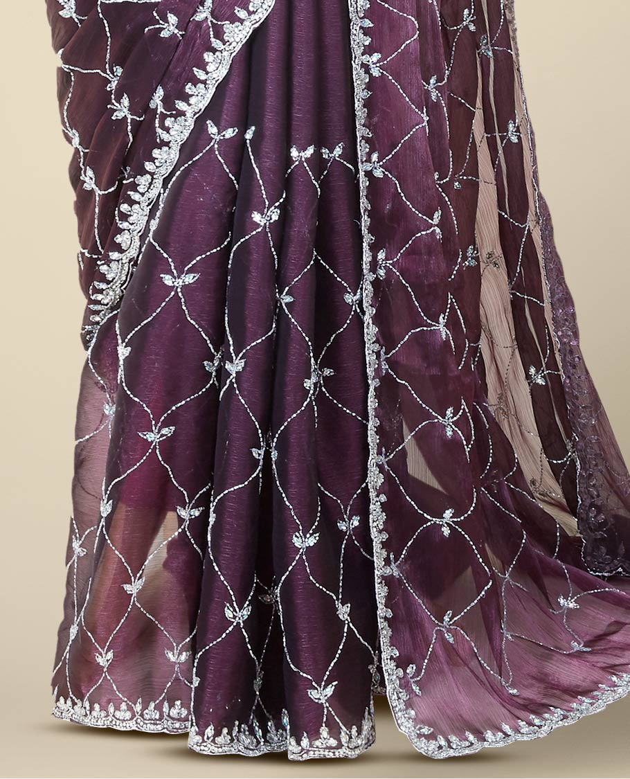 Purple ogee pattern embroidered Jimmy Choo designer saree, scallop stone embroidered border